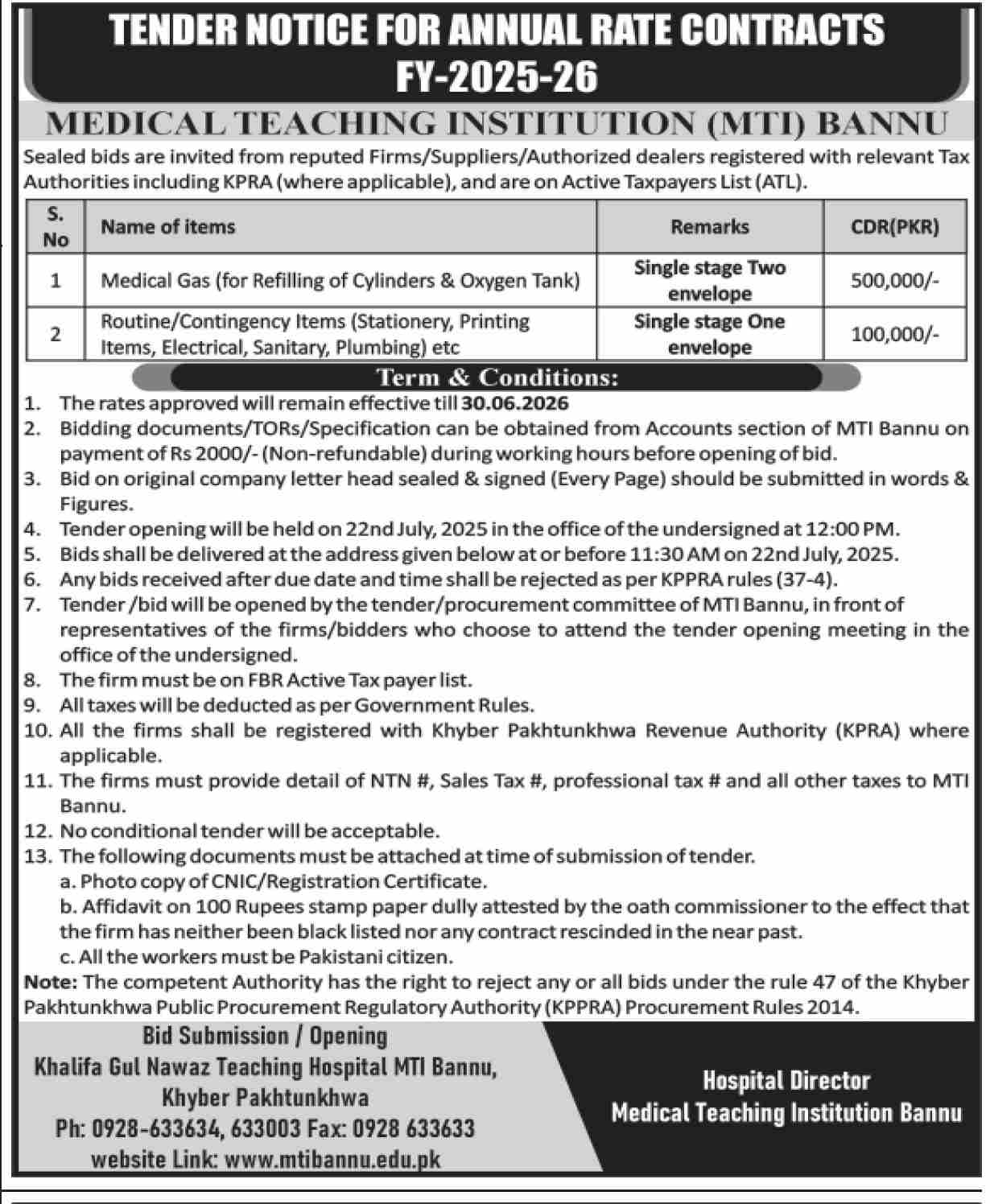 Medical Teaching Institution Bannu Tender Notice